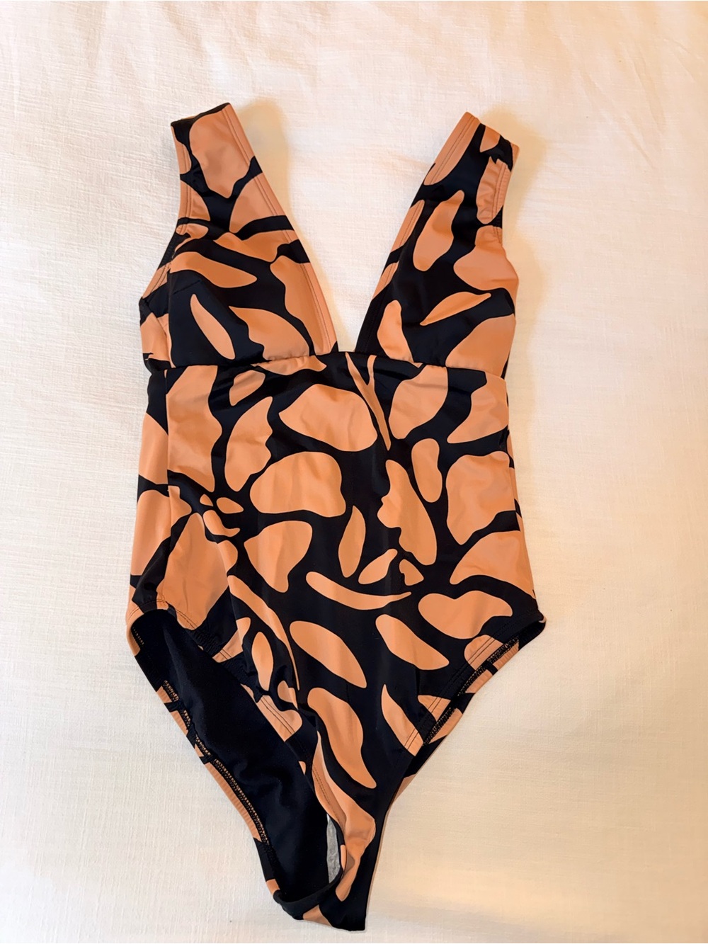 Black and Tan Patterned One-Piece Swimsuit
